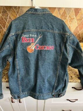 Men's Blue Denim Shirt Jacket with 'Blue Chicago' Embroidery